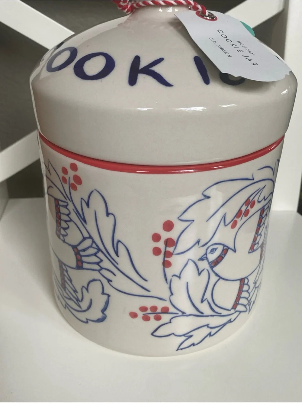 Anthropologie Molly Hatch Cookie Jar Cooklies Bird Canister Blue Red Lid